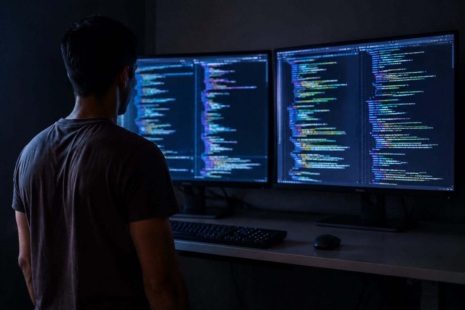 Ontwikkelaar bekijkt code op twee schermen in een donkere werkkamer
