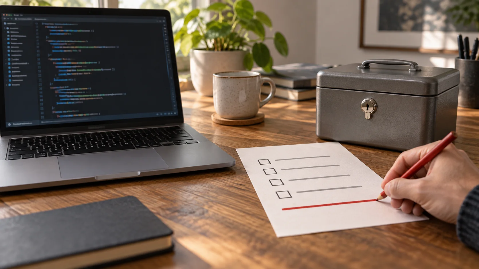 Laptop met code, checklist en afgesloten sleutelkast op een bureau