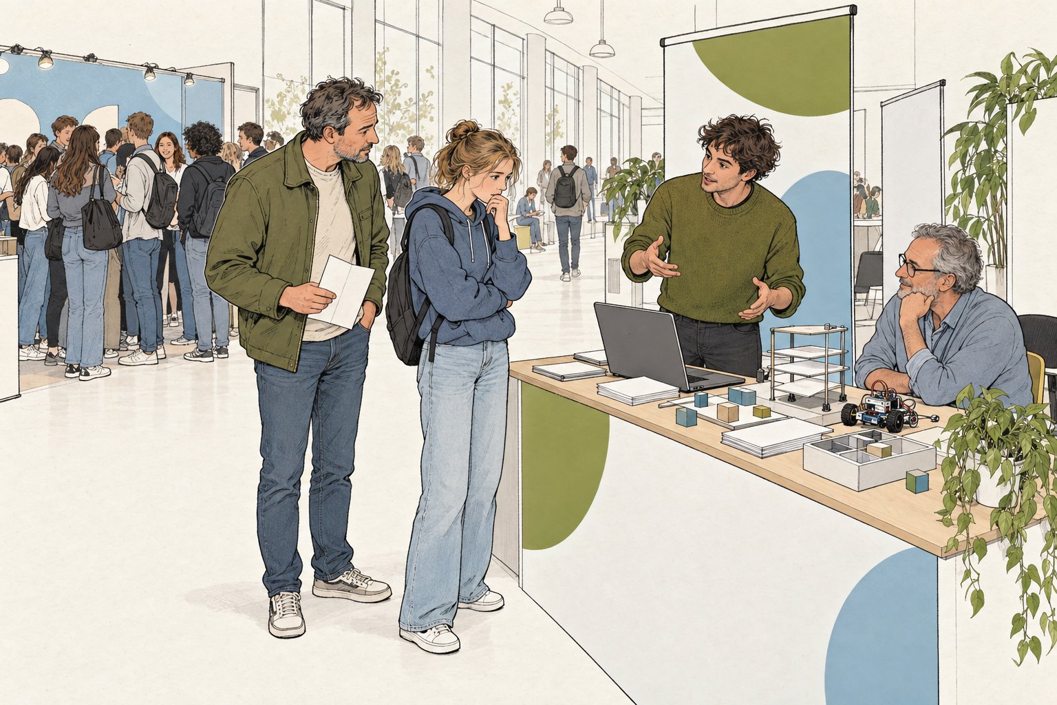Illustratie van een vader en dochter bij een rustige informaticastand op een open dag terwijl bij de stand ernaast een rij studenten staat